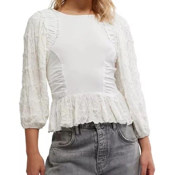 Free People Oliva Cream Ruffle-Trim Long Sleeve Blouse - Picture 10 of 11